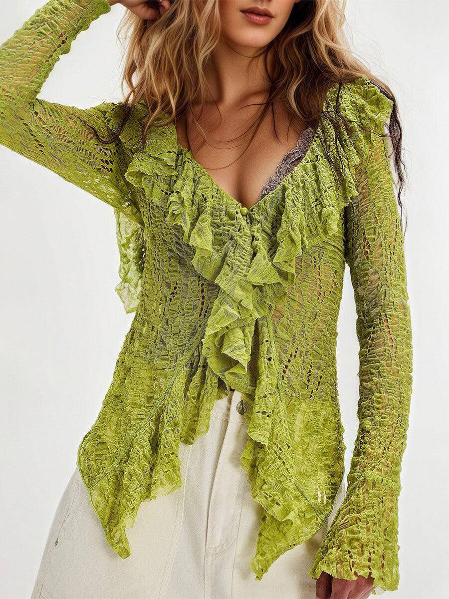 sheenchic Daily Sage Green V Neck Long Sleeve Ruffle Casual Lace Blouses