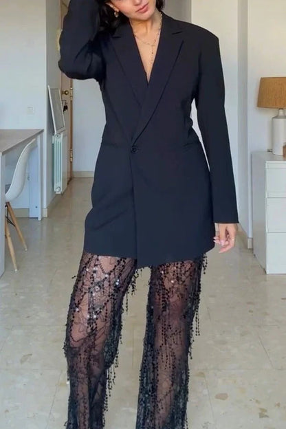 Blazer Yulissa de manga larga con un solo botón, cintura ajustada, espalda abierta, solapa y bolsillos 