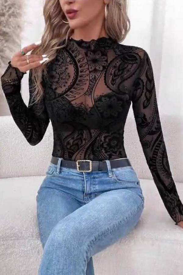 Half-high collar see-through lace pattern long-sleeved top