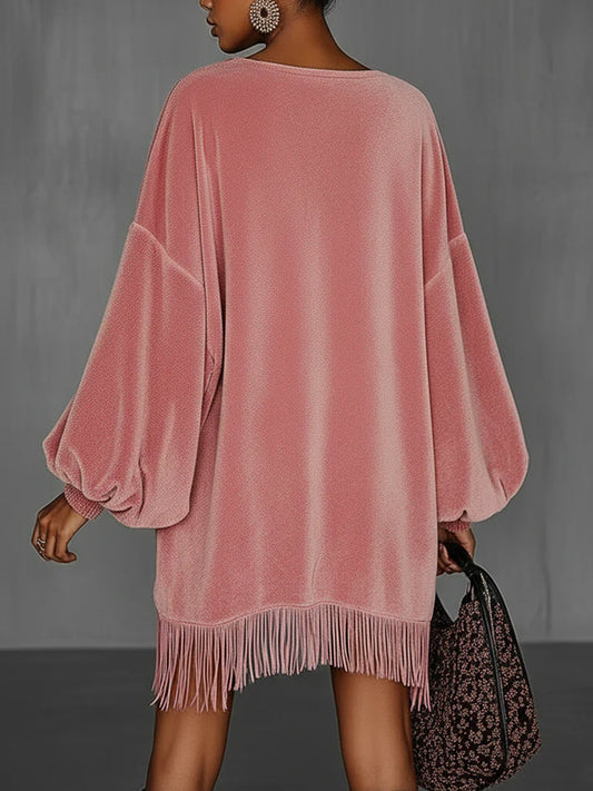 Daily Pink Round Neck Puff Sleeve Long Sleeve Strappy Casual Contrast Velvet Mini Dresses