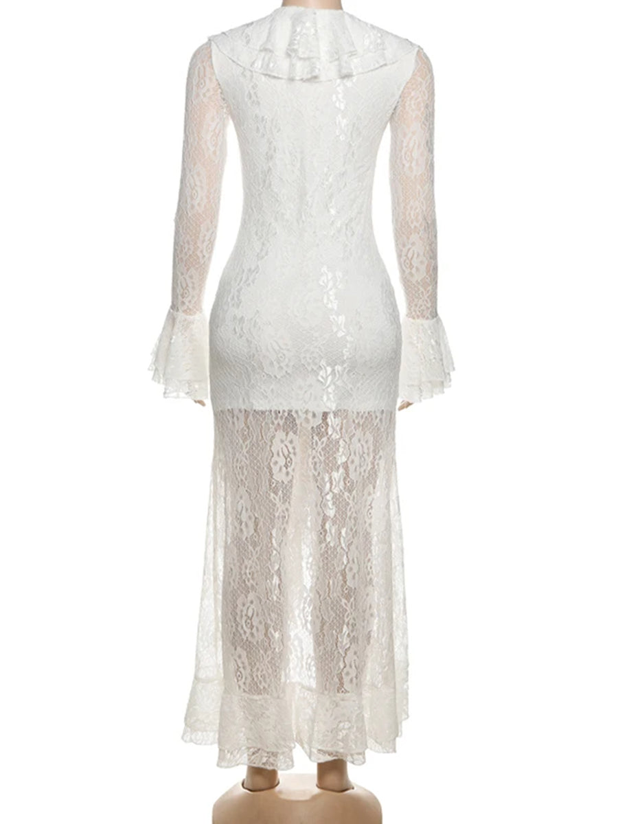 Daily White V Neck Long Sleeve Ruffle Casual Asymmetric Hem Lace Midi Dresses