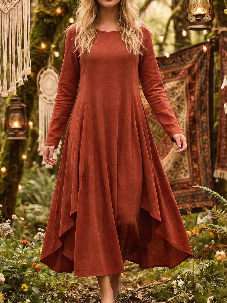 Vacation Blue Round Neck Long Sleeve Asymmetric Hem Vintage Ruffled Linen Maxi Dresses