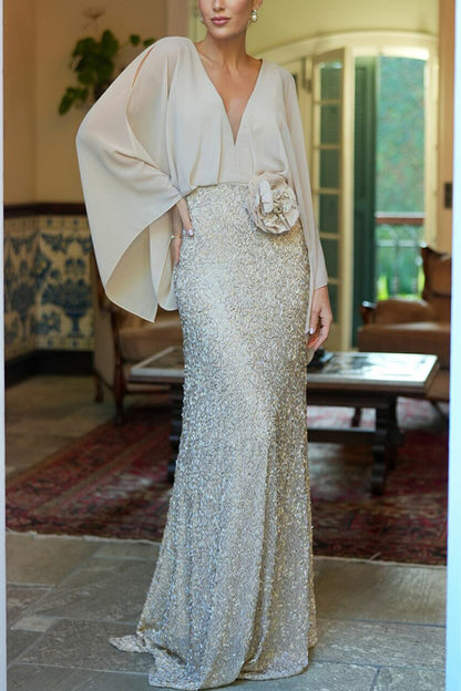 Vestido largo de gasa con mangas murciélago y bordado de flores en la cintura con lentejuelas de Aleina 