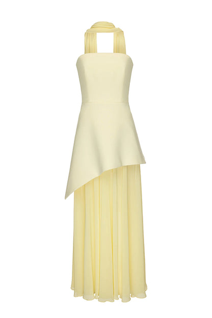 Vestido largo Monaco con hombros descubiertos, estructurado, de gasa y bajo con abertura 