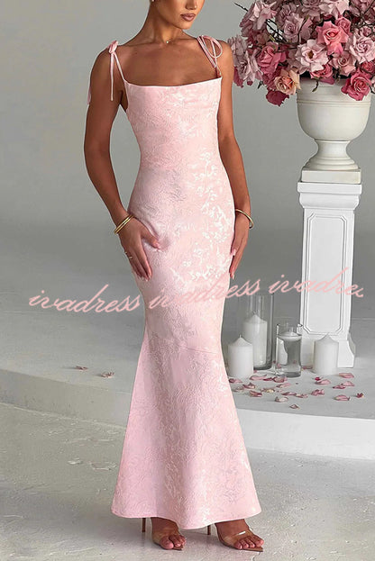 Jacquard Fabric Elegant Suspender Tie Slim Fishtail Maxi Dress