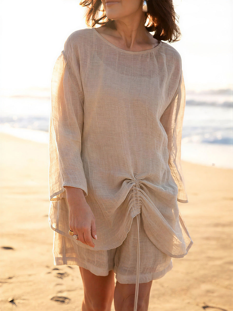 sheenchic Vacation Khaki Round Neck 3/4 Sleeve Ruched Casual Pocket Linen Two Piece Short Sets [Pre-Order]