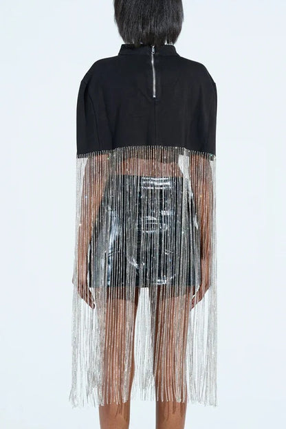 New Level Shiny Tassel Stand Neck Crop Cape Blouse