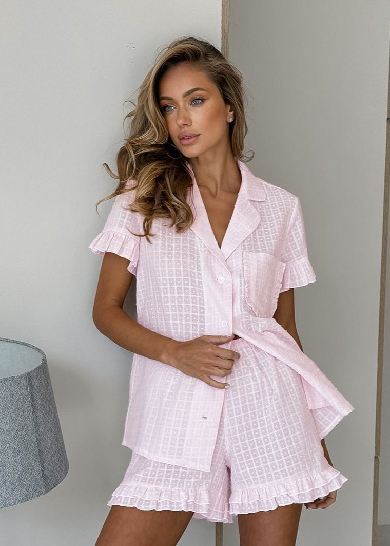 Pink Ruffled Short Sleeve Pajama Set – Women’s Two-Piece Sleepwear