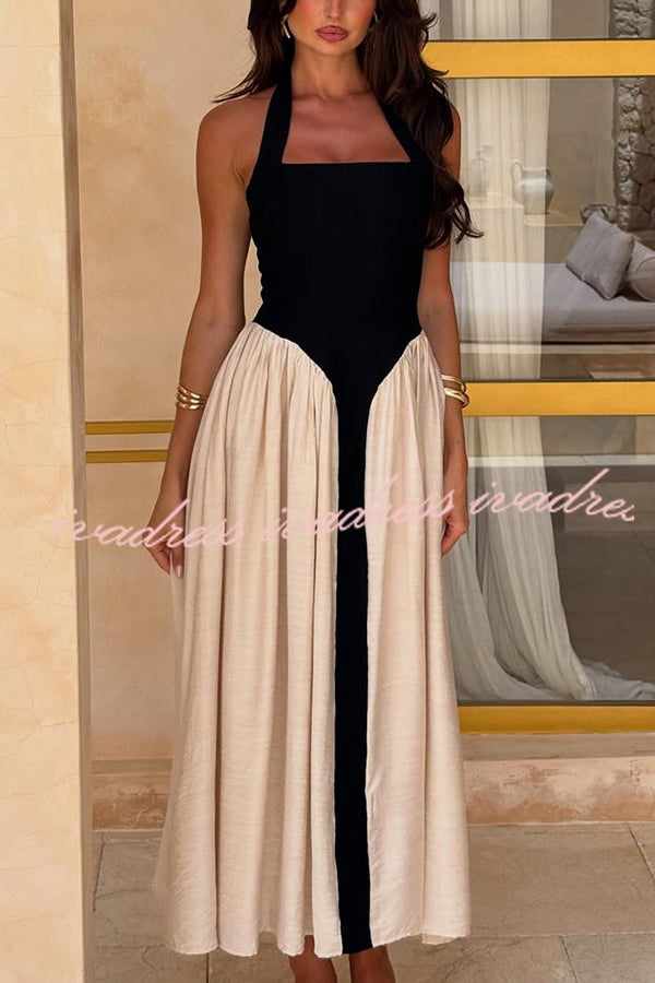 Fashion Contrast Color Stitching Sleeveless Backless Slim Maxi Dress