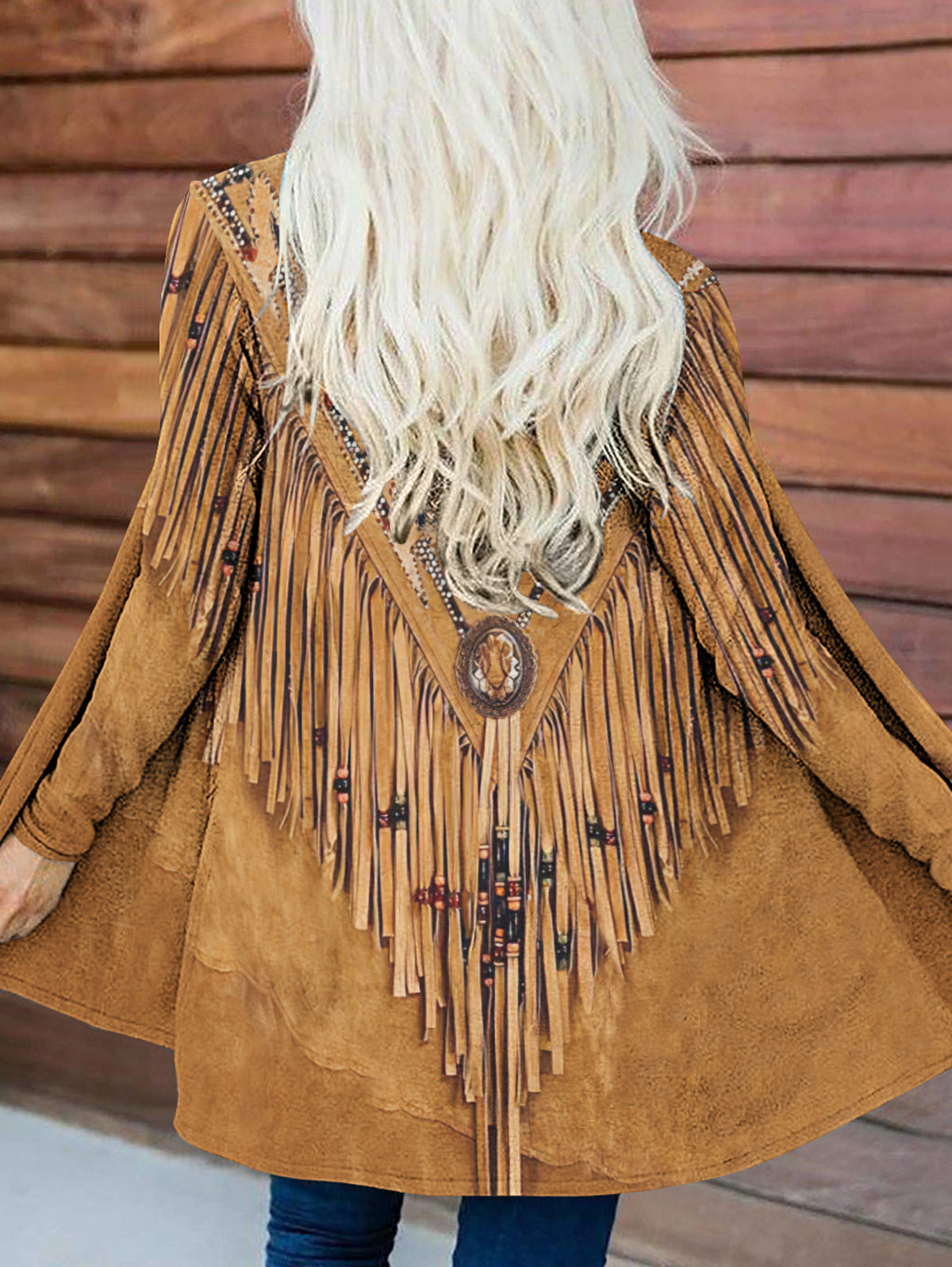 Boho Fringe Print Open Front Long Sleeve Cardigan