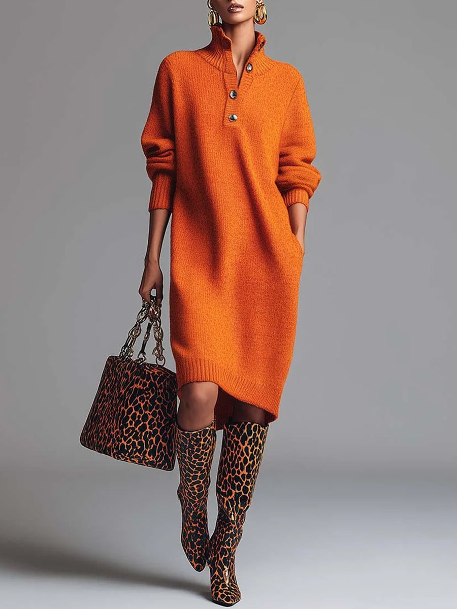 Daily Yellow Shirt Collar Long Sleeve Button Vintage Pocket Crochet Midi Dresses