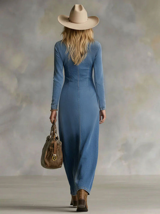 Daily Blue V Neck Long Sleeve Split Casual Button Denim Maxi Dresses