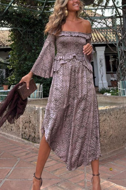 Carlie Printed Off Shoulder Smocked Ruffles Bell Sleeve Midi Dress