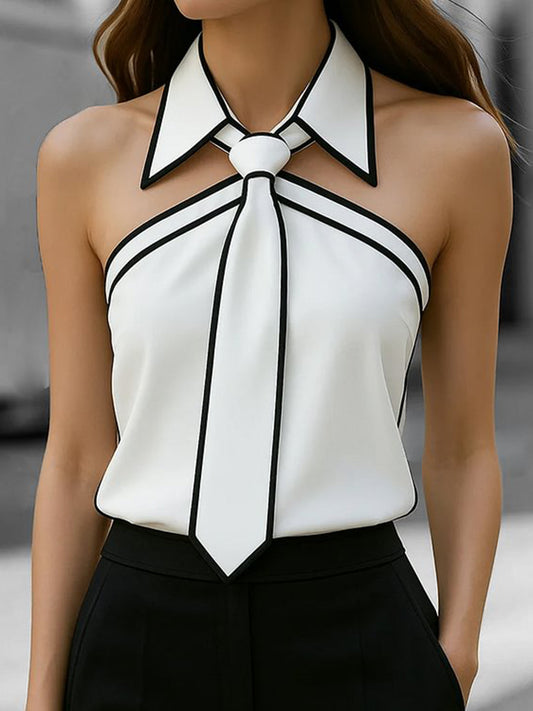 Fashion Halter Tie Neck Contrast Binding Blouse