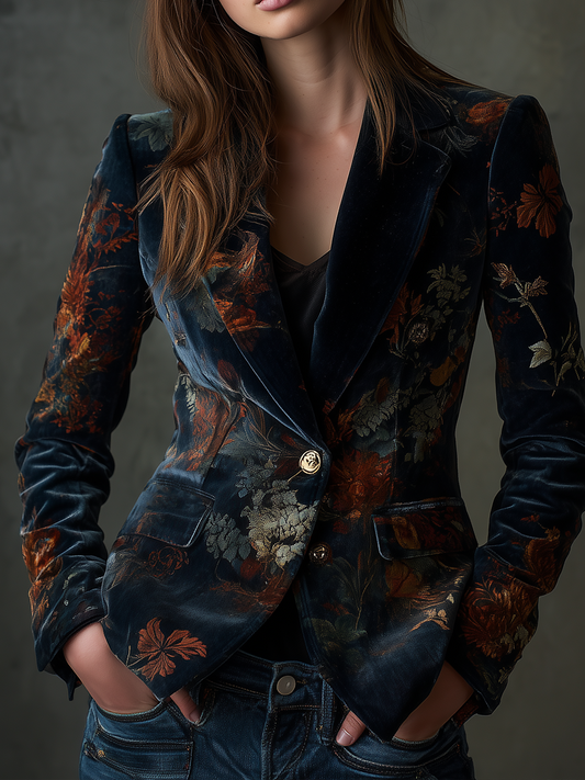 Vintage Floral Print Metal Button Polyester Velvet Blazer