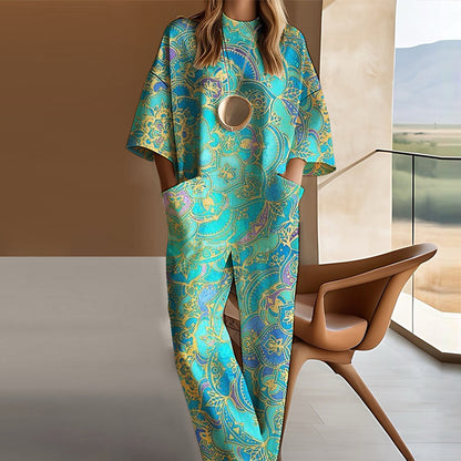 sheenchic Ethnic Patterns Drop Shoulder 3/4 Sleeve Pocket Jumpsuit