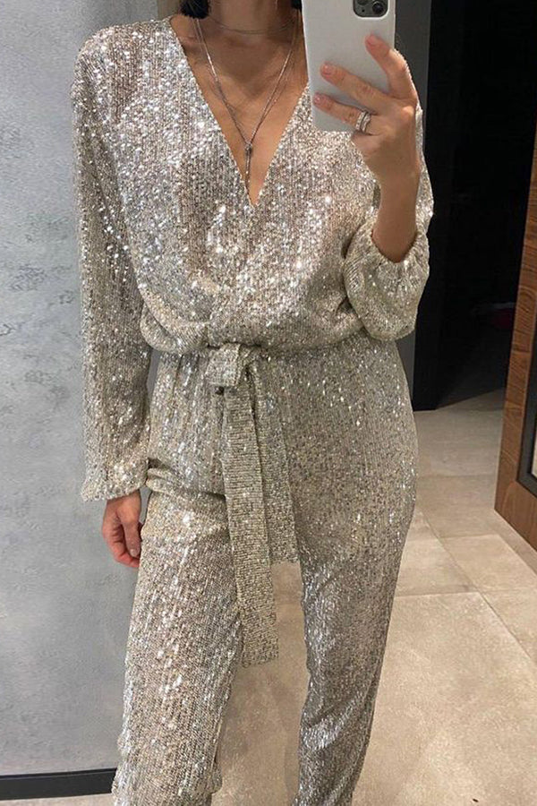 Cheers To You Sequin Long Sleeve Belted Wrap Loose Jumpsuit