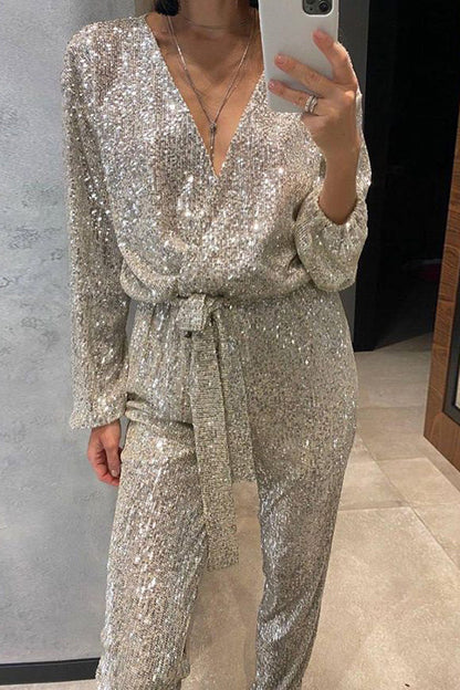 Cheers To You Sequin Long Sleeve Belted Wrap Loose Jumpsuit