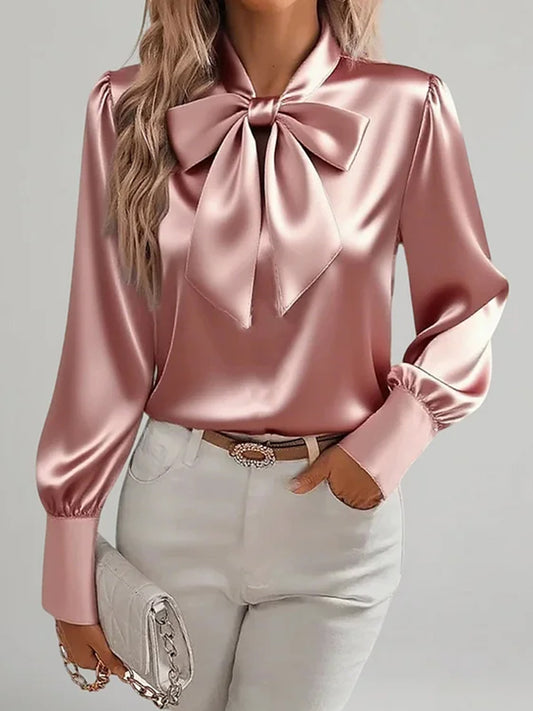 Daily Pink Long Sleeve Bow Tie Casual Satin Blouses