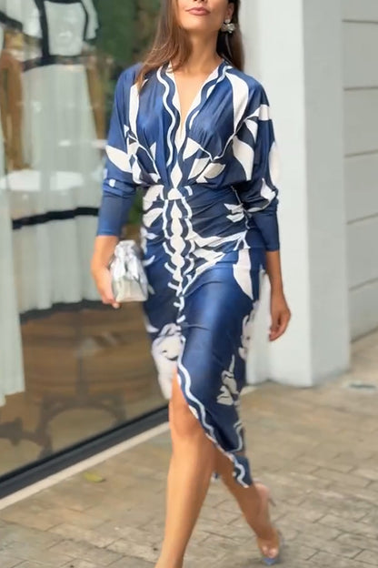 Brazilian Style Unique Print Dolman Long Sleeve Ruched Slit Midi Dress  Vestidos