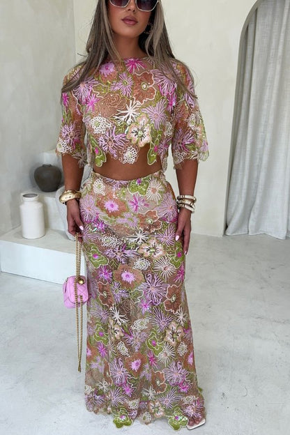Fashionable Embroidered Flower Sequined Crop Top and Elegant Sheer Maxi Skirt Set