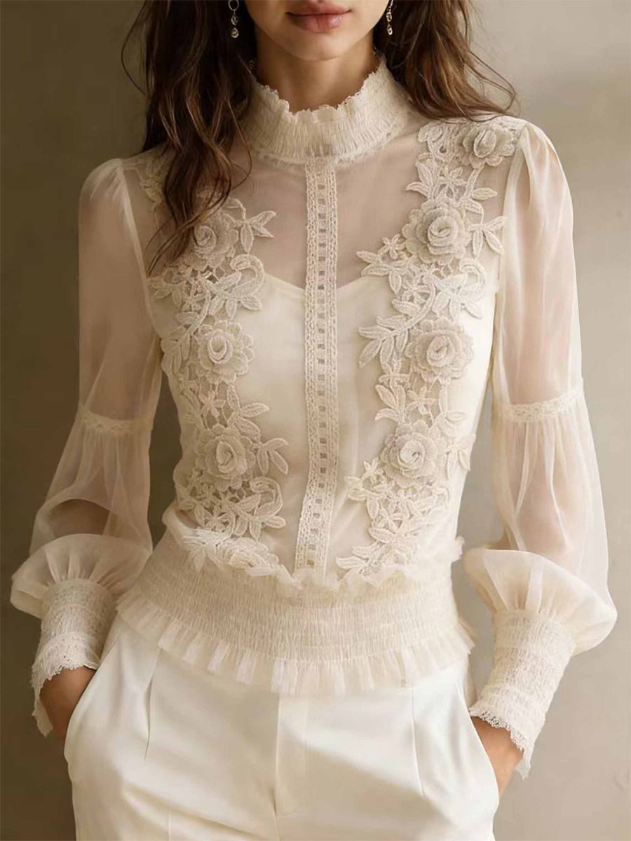 Semi Formal Tulle Pink Stand-Up Collar Long Sleeve 3D Elegant See Through Lace Blouses