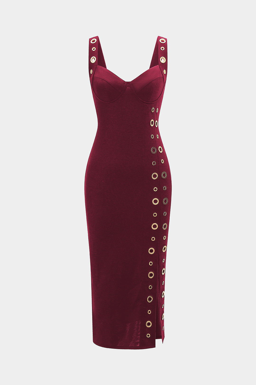 Metallic Eyelet Zipper Sleeveless Midi Dress