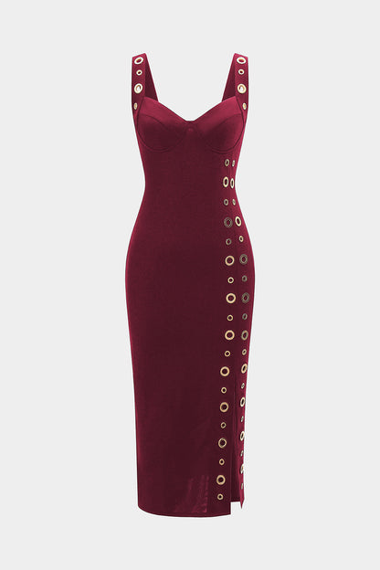 Metallic Eyelet Zipper Sleeveless Midi Dress