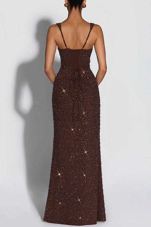 Vestido largo Calanthe de gasa con lentejuelas, fruncido, escote cuadrado y espalda con cordones 