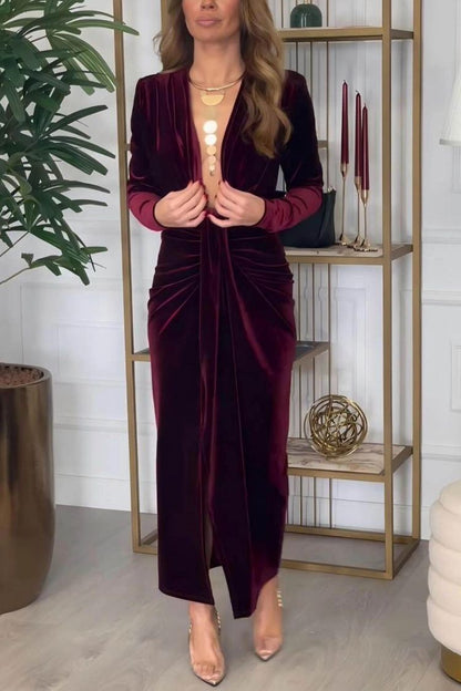 Classic Elegant Pleated Deep V Slit Party Maxi Dress