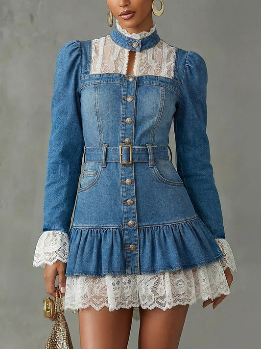 sheenchic Vacation Lace Blue Mock Neck Long Sleeve Pocket Boho Contrast Denim Mini Dresses [Pre-Order]