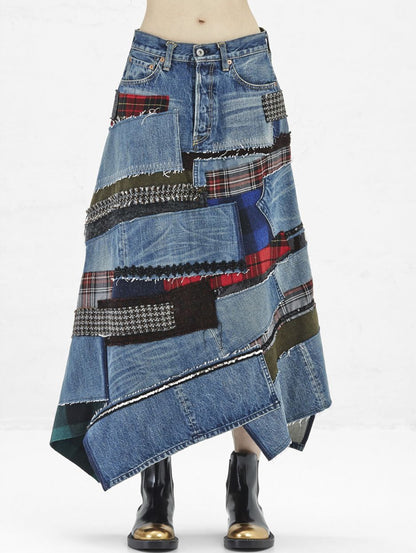 Daily Patchwork Irregular Hem Pockets Denim Print Skirts