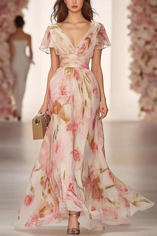 Vestido largo informal con estampado floral, escote en V, manga corta y cintura alta 