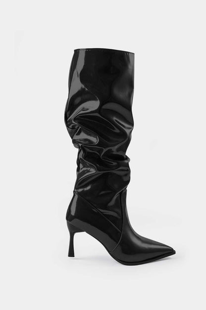 Faux Leather Ruched Pointed Toe Knee High Boots