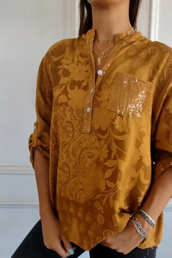 Camisa informal con bolsillo y lentejuelas y estampado floral botánico 