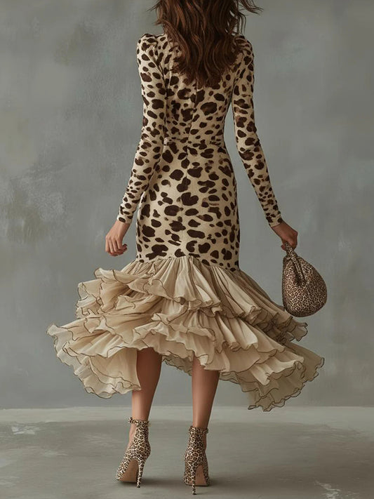 Evening Gowns Beige Leopard V Neck Long Sleeve Asymmetric Hem Vintage Contrast Midi Dresses
