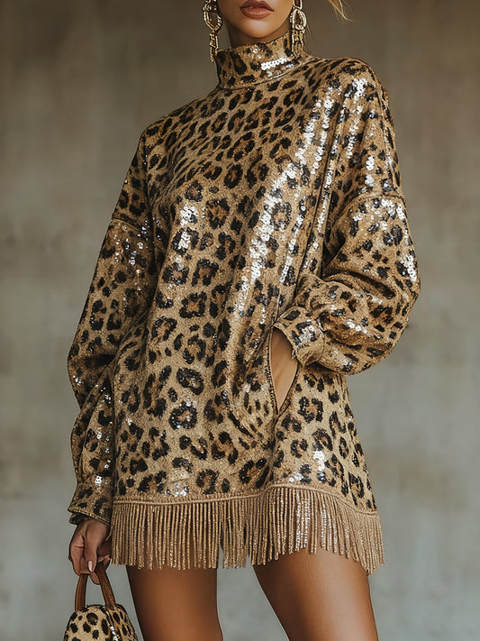 sheenchic Party Metallic Brown Leopard High Collar Lantern Sleeve Long Sleeve Strappy Vintage Pocket Sequin Mini Dresses