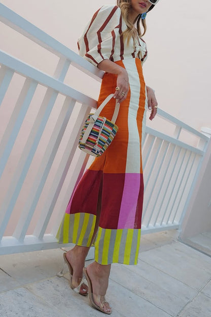 Vestido largo Kaya de mezcla de lino con estampado de bloques de color, abertura frontal, nudo y mangas abullonadas 