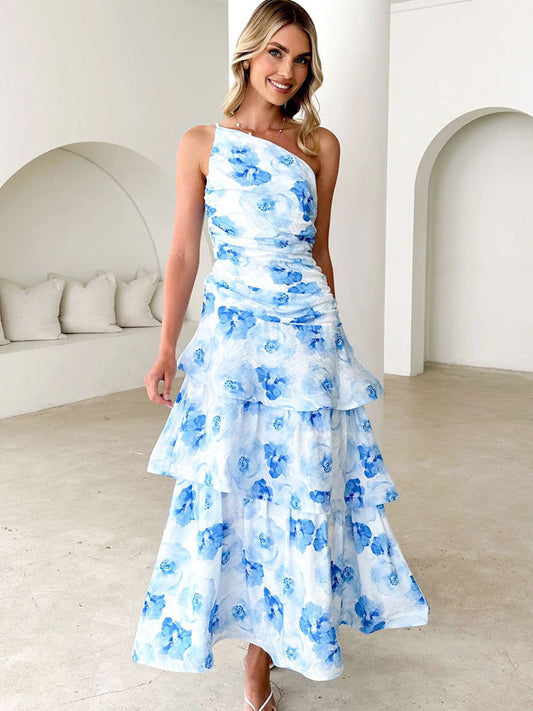 One-Shoulder Strappy Floral Print Dress