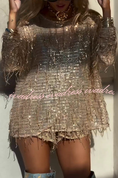 Fashion Sequin Round Neck Long Sleeve Tassel Top and Elastic Waist Casual Shorts Set