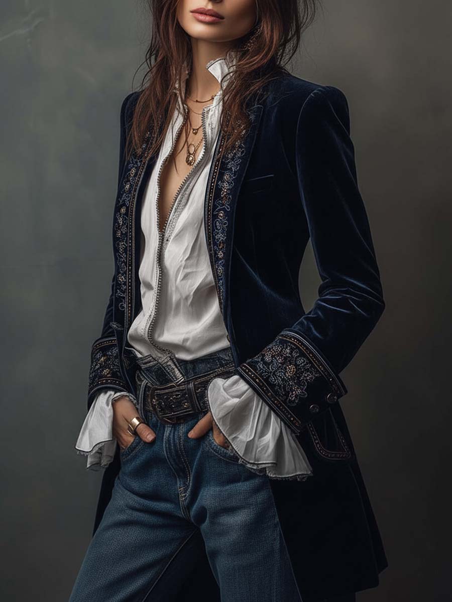 Business Casual Navy Blue Long Sleeve Embroidery Western Pocket Velvet Jacket