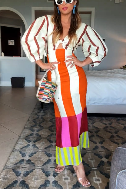 Vestido largo Kaya de mezcla de lino con estampado de bloques de color, abertura frontal, nudo y mangas abullonadas 