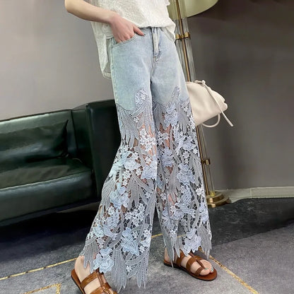 Casual Floral Lace Patchwork Hollow Out Straight Denim Jeans