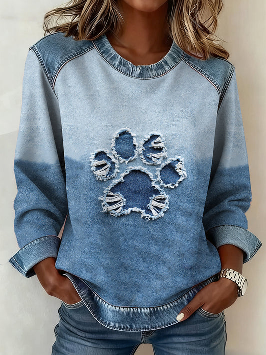 Vacation Light Blue Round Neck Long Sleeve Contrast Vintage Denim Blouses