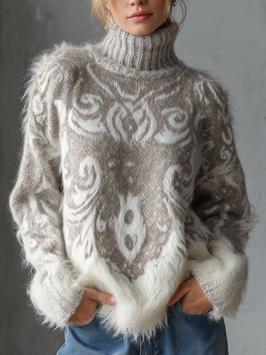 sheenchic Gray Turtleneck Long Sleeve Patterned Fuzzy Knit Sweater