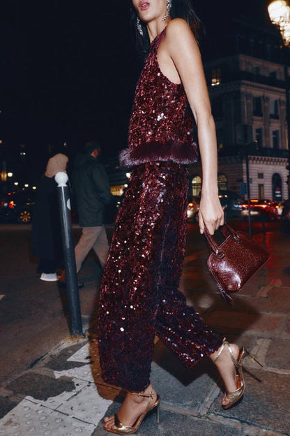 Gala Goddess Sequin High Rise Zipper Waist Wide Leg Pants