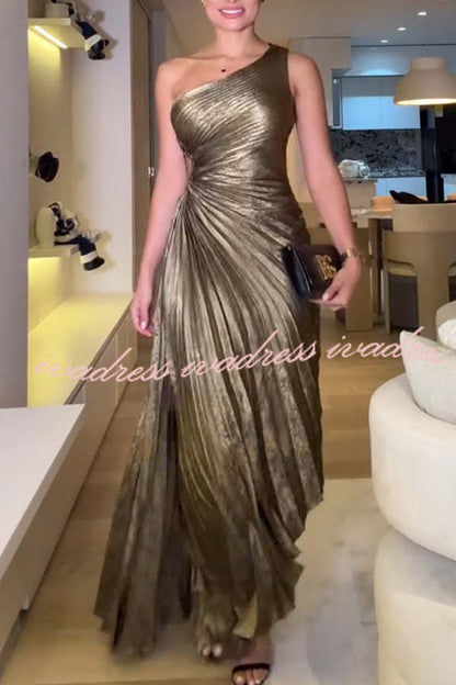 Vestido largo plisado con un hombro descubierto y tejido metalizado Midnight Kiss 