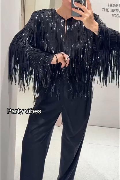 Party Crasher Layered Sequined Tassels Long Sleeve Loose Jacket