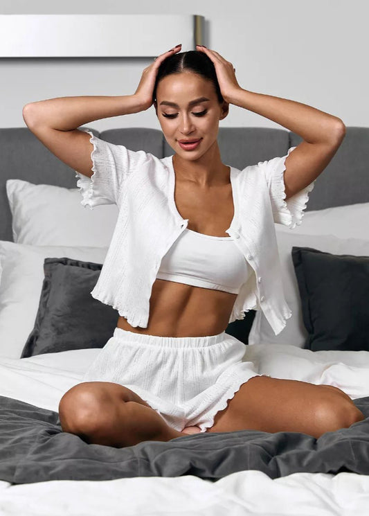 Ruffle Trim Two-Piece Lounge Set – Short Sleeve Top & Shorts