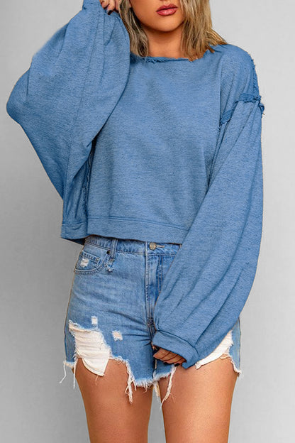 Lantern Sleeve Solid Color Round Neck Raw Edge Hoodie